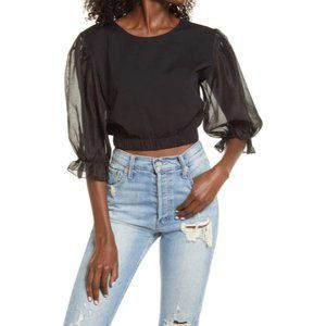 New PRMA Women's XS / M‎ Black Tulle 3/4 Sleeve Frill Trim Lightweight Crop Top